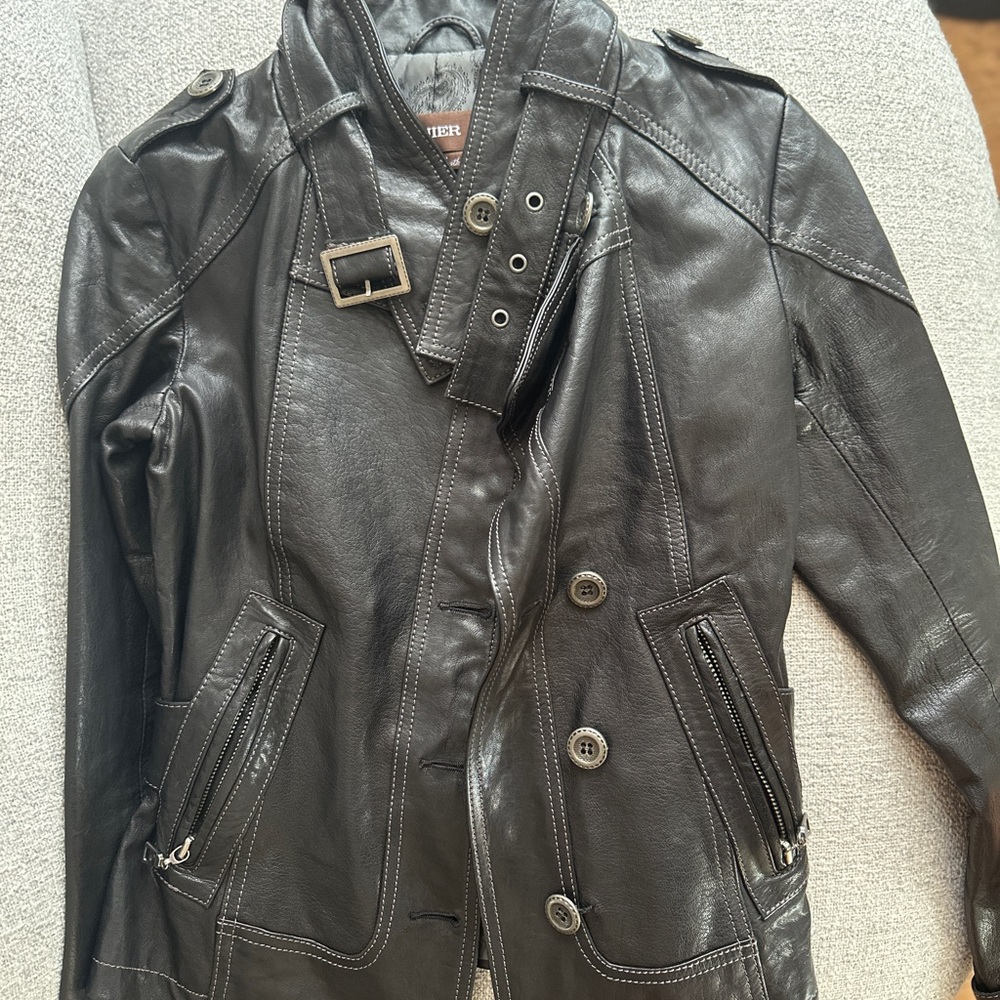 Black Leather Button-Front Jacket with Belted Collar